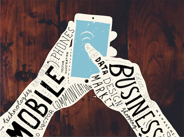Illustration of hands made from typographic words holding a smartphone, representing mobile business data