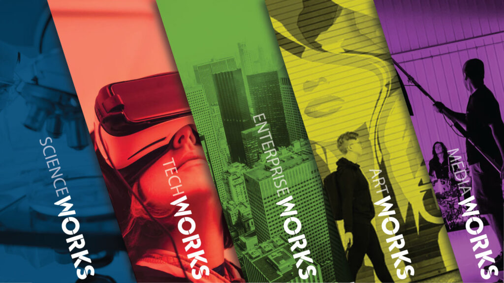 STEAMworks logo banner with Science, Tech, Enterprise, Art and Media Works panels