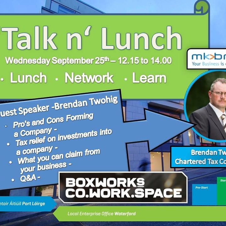 BOXWORKS Talk n' Lunch event flyer featuring guest speaker Brendan Twohig discussing business tax topics