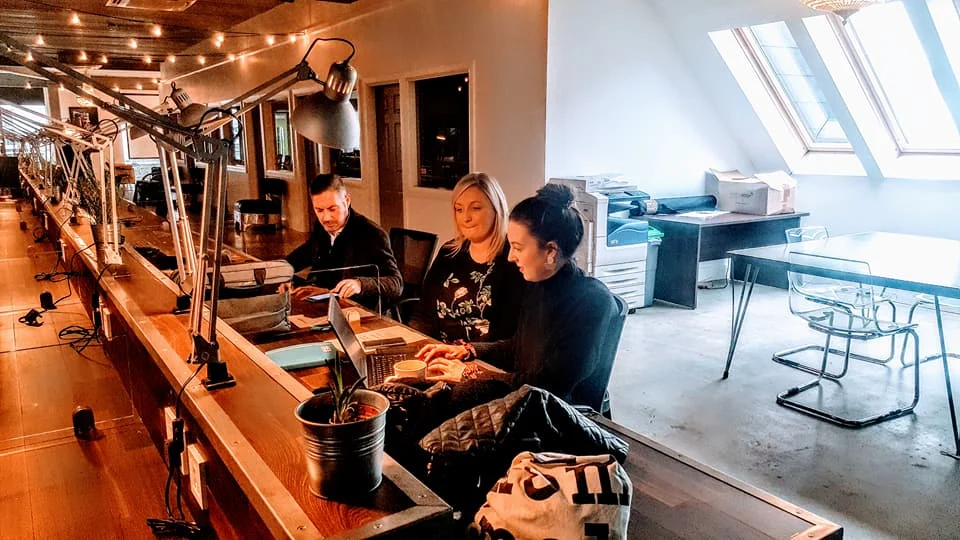 Professionals working at shared desks in the Boxworks co-working space.